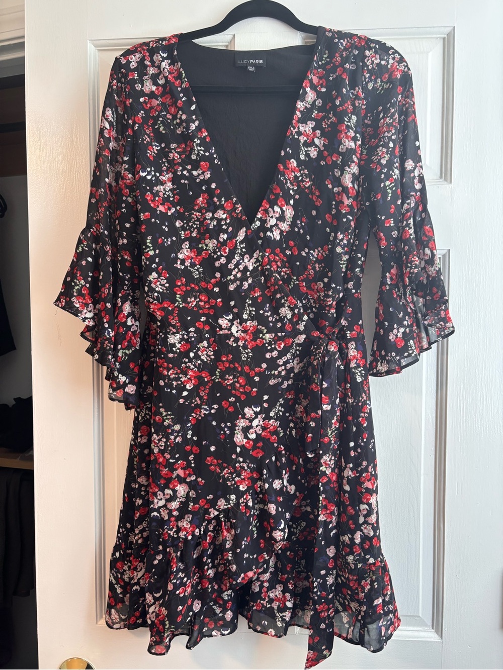 Lucy Paris Black Floral Wrap Dress with Red & White Blossoms size large